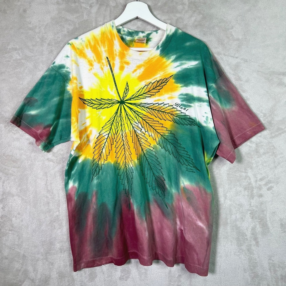 Vtg Cannabis Leaf Tie Dye T Shirt XL Blunt Rainbow Productions 420 Single Stitch